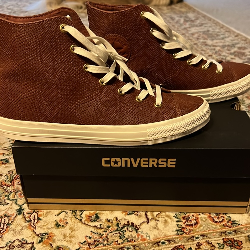 Converse, high-top, brown leather.